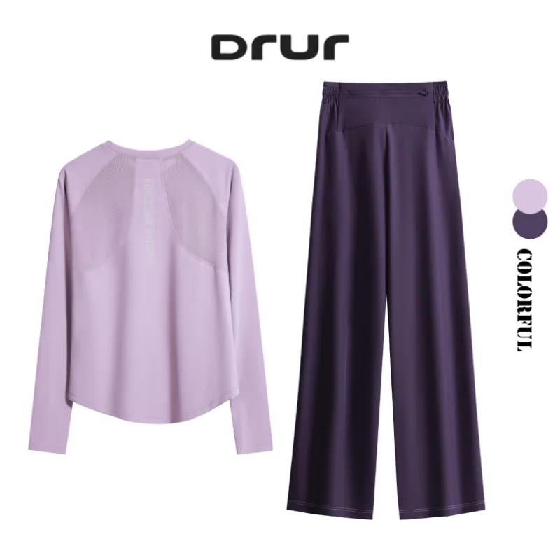 DRUR 2 Piece Yoga Set For Women With Long Sleeve Sports Top and Wide Leg Drawstring Pants Set with Pockets Gym Running Tracksuit