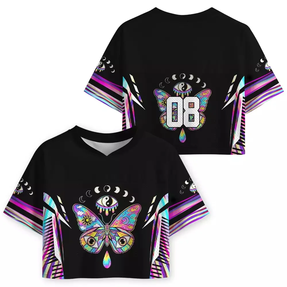 

Women Y2KFootball Jersey Holographic Psychedelic Butterfly Evil Eye Moon Phase Graphic V Neck Short Sleeve Streetwear Sports Top