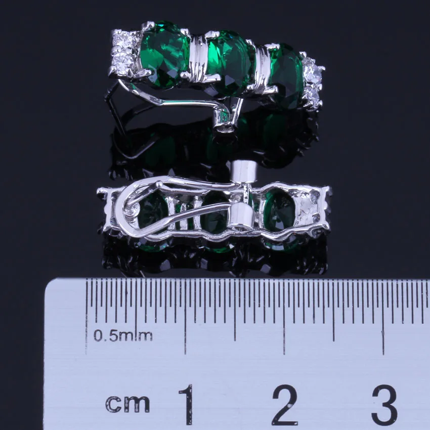 Clean Oval Green Cubic Zirconia White CZ Silver Plated Clip Hoop Huggie Earrings V0917