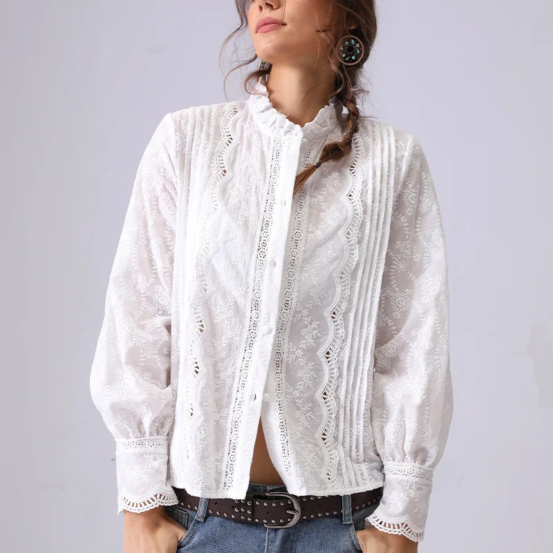 

French Style Elegant Women Blouse Shirt Women White Beige Lace Hollow Out Sheer Sexy Embroidery Button Long Sleeve Ladies Tops