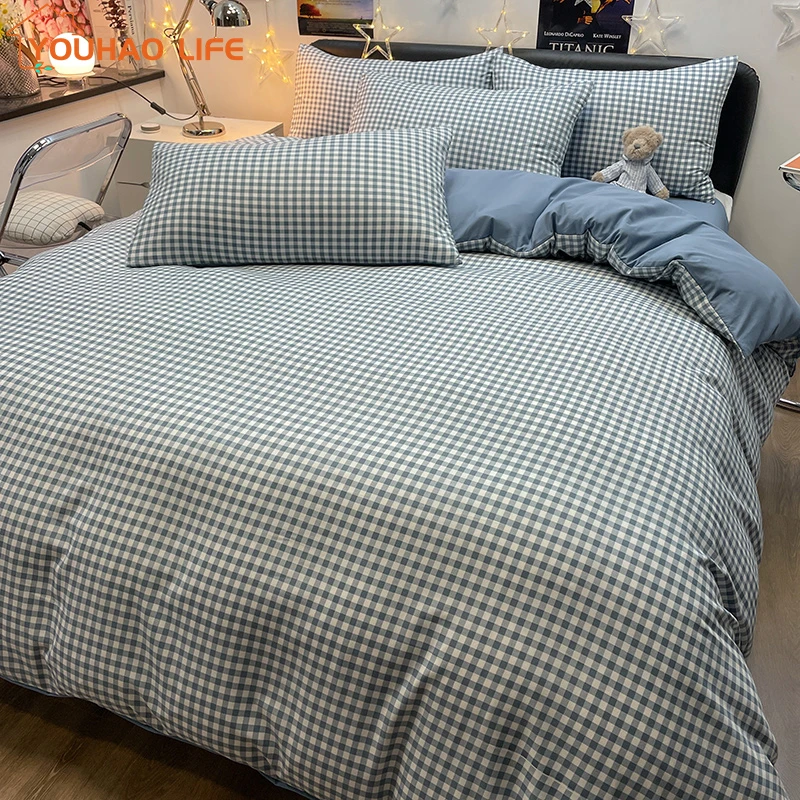 

Washed Cotton Lattice Duvet Cover Set, Sheet, Pillowcases,No Filling,Warm Bed Linen,Grid Home Bedding Set, New