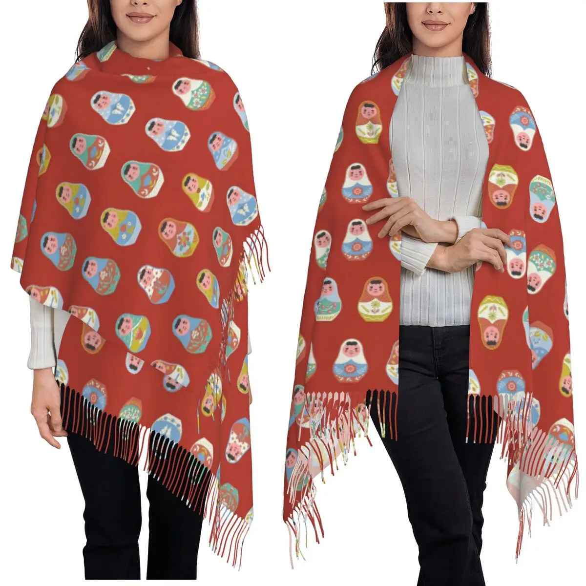 

Узор с гнездованием матрешки, кукольный шарф, шарфы с кисточками для женщин, мягкие теплые шали и накидки, длинная осенне-зимняя шаль