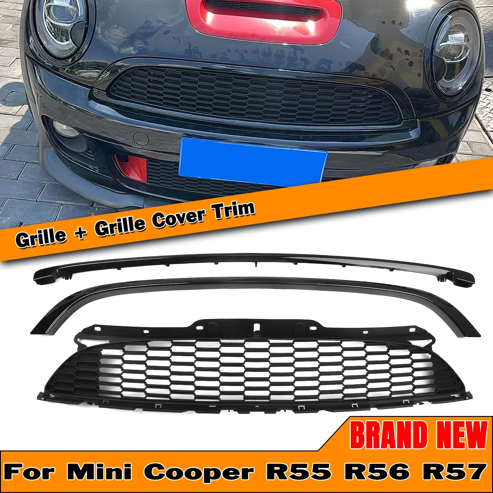 

For Mini Cooper S R55 R56 R57 R58 R59 2007-2015 JCW Style Grill Upper Grille Mesh+Front Bumper Trim Splitter Spoiler Frame Black