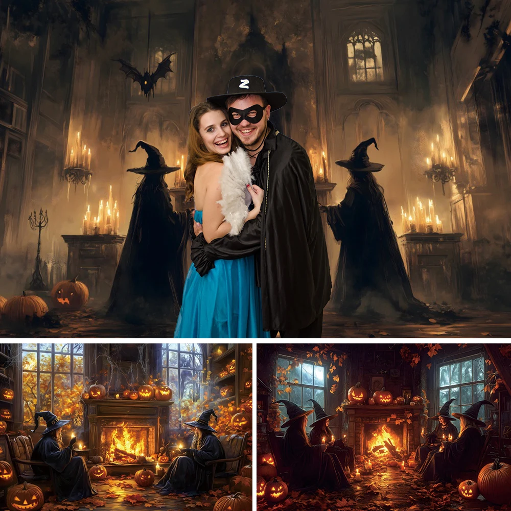 

Happy Halloween Witch Backdrop Photography Shabby Castle Fireplace Party Decor Baby Photo Photographic Background Photo Studio