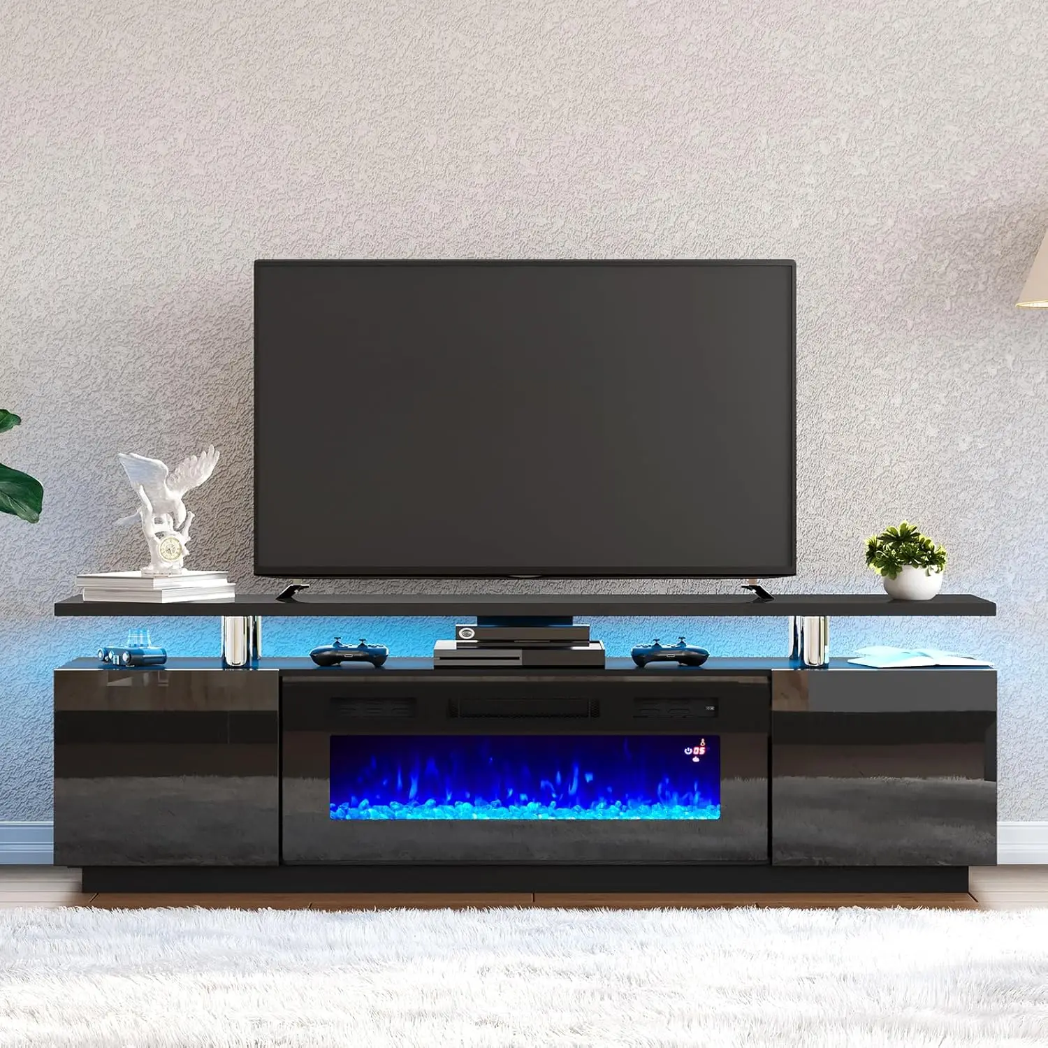 

AMERLIFE Fireplace TV Stand with 36" Fireplace, 70" Modern High Gloss Fireplace Entertainment Center LED Lights, 2 Tier TV