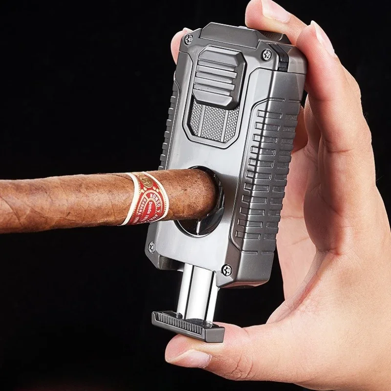 ولاعة سجائر محمولة متعددة الوظائف، ولاعة سجائر للرجال مع سكين سيجار على شكل حرف V وحامل سيجار، طعم الرجل المحترم.