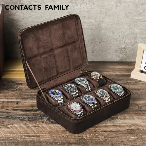 CONTACTS FAMILY-Caja organizadora de reloj de cuero para hombres y mujeres, almacenamiento de joyas Vintage, caja de reloj, el mejor regalo, 8/10/12 ranuras