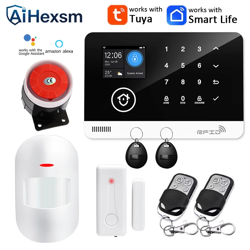 新しいtuyaワイヤレスホームセキュリティシステム、モーション検知器サイレン付き、wifi-gsm防犯アラーム、alexaとgoogleアラームキット、13言語対応