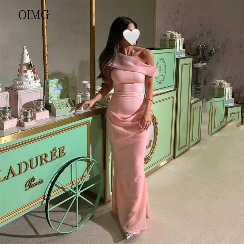

OIMG Pink Off The Shoulder Mermaid Prom Gowns Backless Sequined Formal Party Gown Floor Length Evening Dress Customized