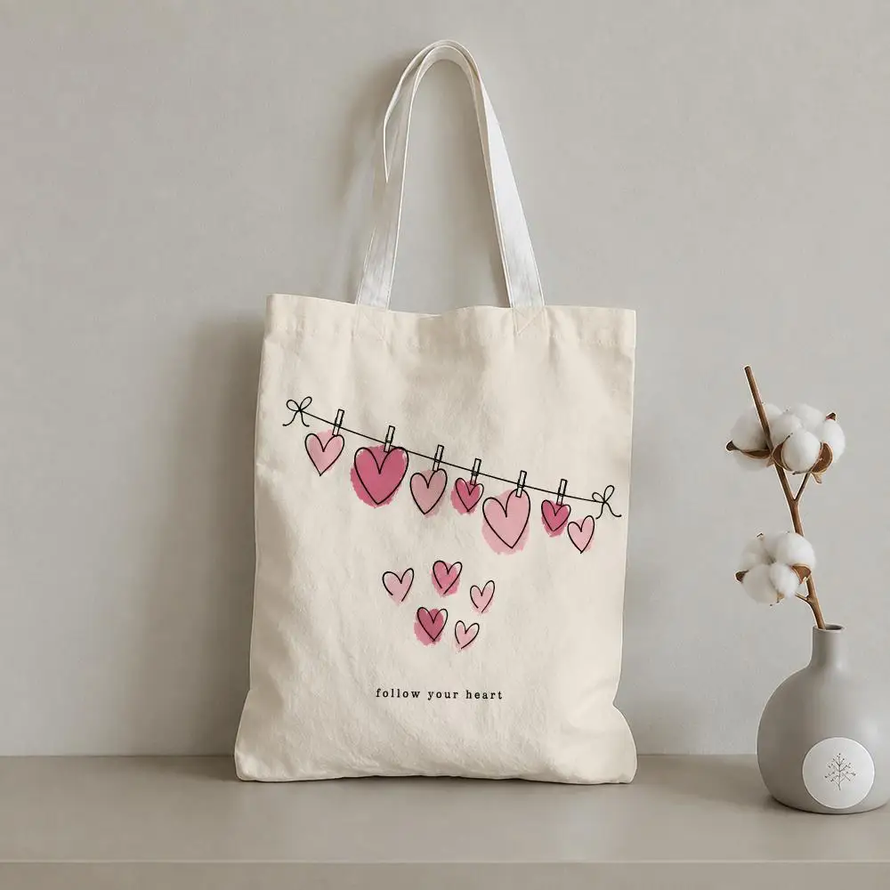 Pink Heart Love Aesthetic Inspirational Art Storage Bags 1pc Canvas Tote Bag Reusable Shopping Shoulder Bag For Women Daily Use