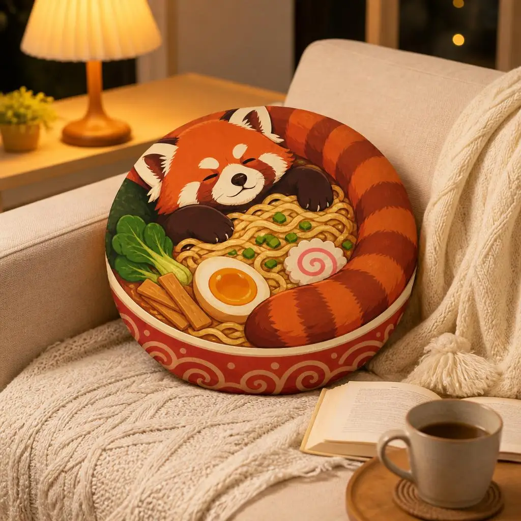 Red Panda Ramen Bowl Plush Pillow Japanese Food Cushion Cute Animal Throw Pillow Stuffed Floor Cushion Home Decor Gift Round