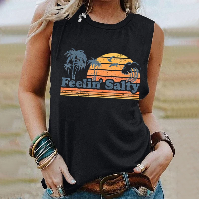 Ladies Tank Top Feelin' Salty Retro Sunset Palm Tree Graphic Tee Beach Gift for Women Tops with Straps Tropical Sleeveless Top