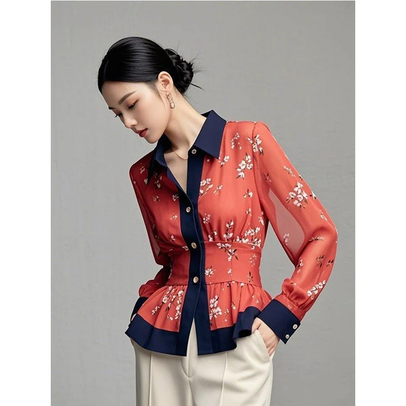 2025 ฤดูใบไม้ผลิฤดูใบไม้ร่วงใหม่สุภาพสตรีเสื้อผู้หญิงเสื้อผ้าแฟชั่นดอกไม้ Patchwork Turn-Down COLLAR Corset ผู้หญิงเสื้อ