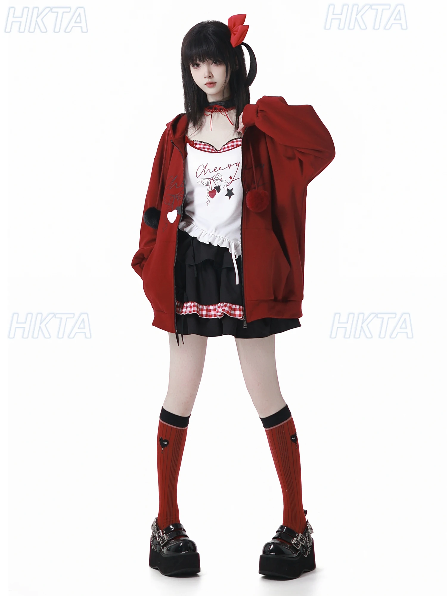 Doce e legal outono solto carta impressão moletom com capuz casaco curto suspender colete inchado bolo saia senhoras lolita terno feminino