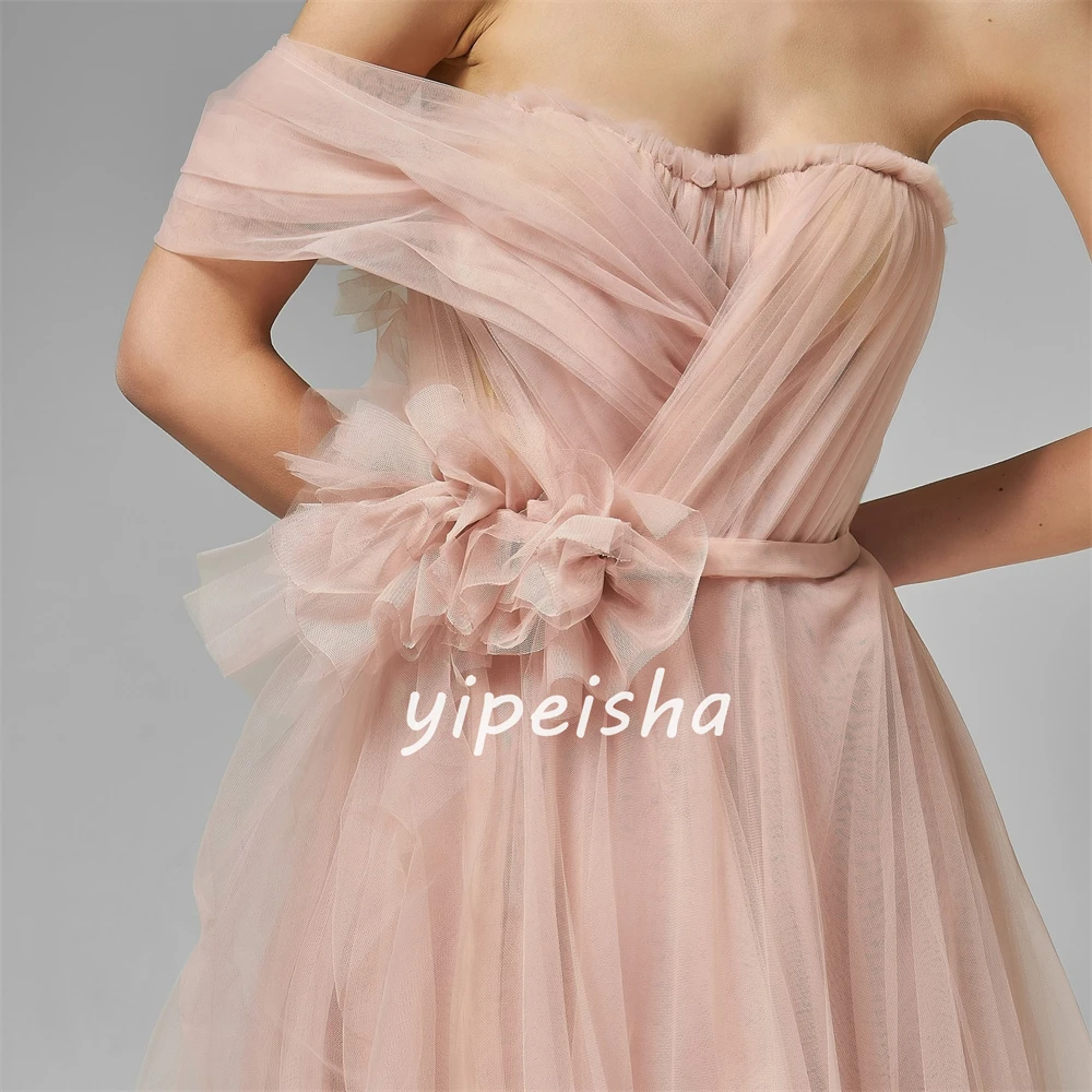 High Quality Tulle Pleat Ruched Draped Handmade Flower Tiered A-line One-shoulder Long Dresses Prom Dresses Sizes Available