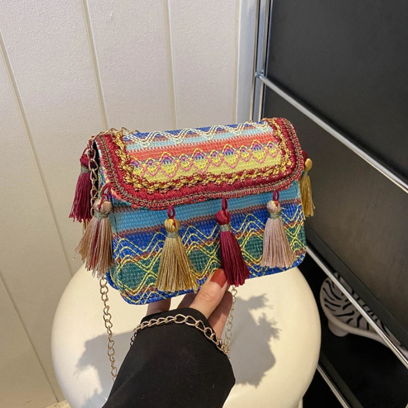 Vintage National Women\'s Bag Tassel Ethnic Handwoven Crossbody Bag Hippie Sling Shoulder Bags for Ladies Small Handbag 3 Colors