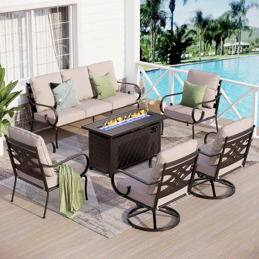 

6 Piece Outdoor Patio Furniture Set,7 Seats Patio Conversation Sets w/45" Gas Fire Pit Table x1,3-seat Sofa x 1,Swivel Chair x 2