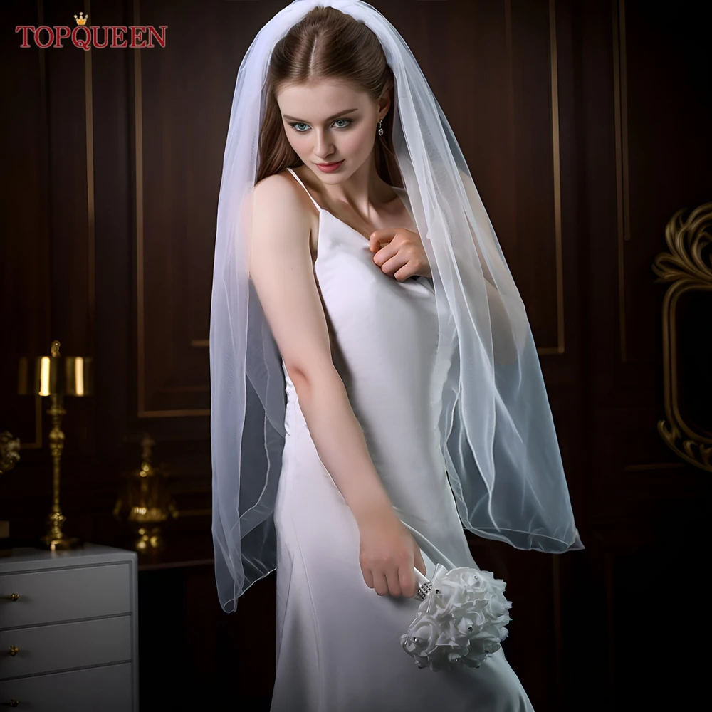 TOPQUEEN V14 طرحة زفاف قصيرة قلم رصاص حافة بسيطة طرحة زفاف حجاب الزفاف قصيرة Veu العروس طرحة زفاف قصيرة واحدة Laye