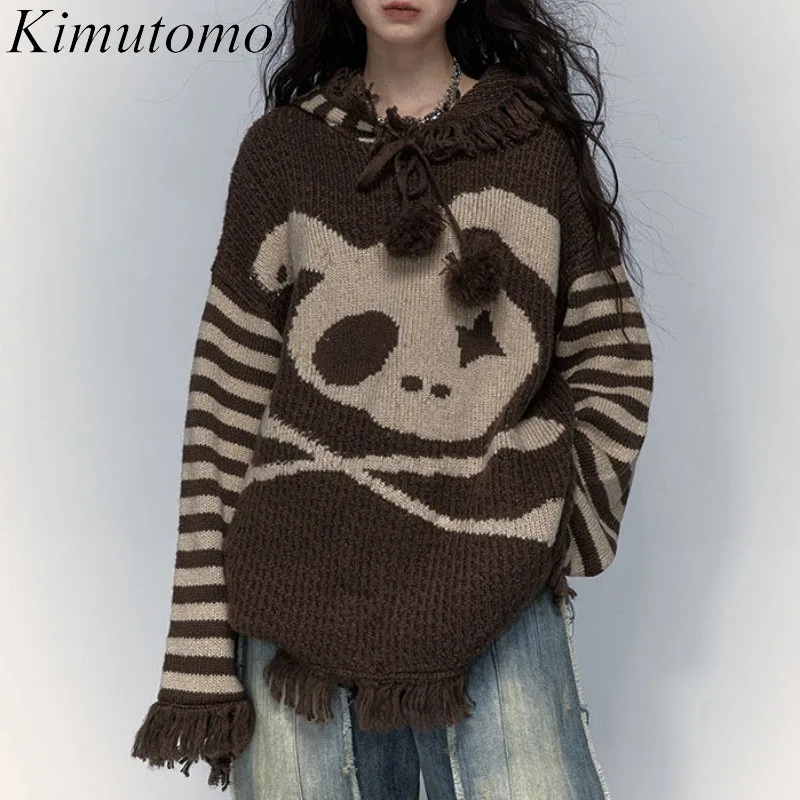 Kimutomo Knitted Sweater Women Hooded Cartoon Skulls Loose Stretch Tassel Gothic Pumk Style Harajuku Aesthetic Pullover Female