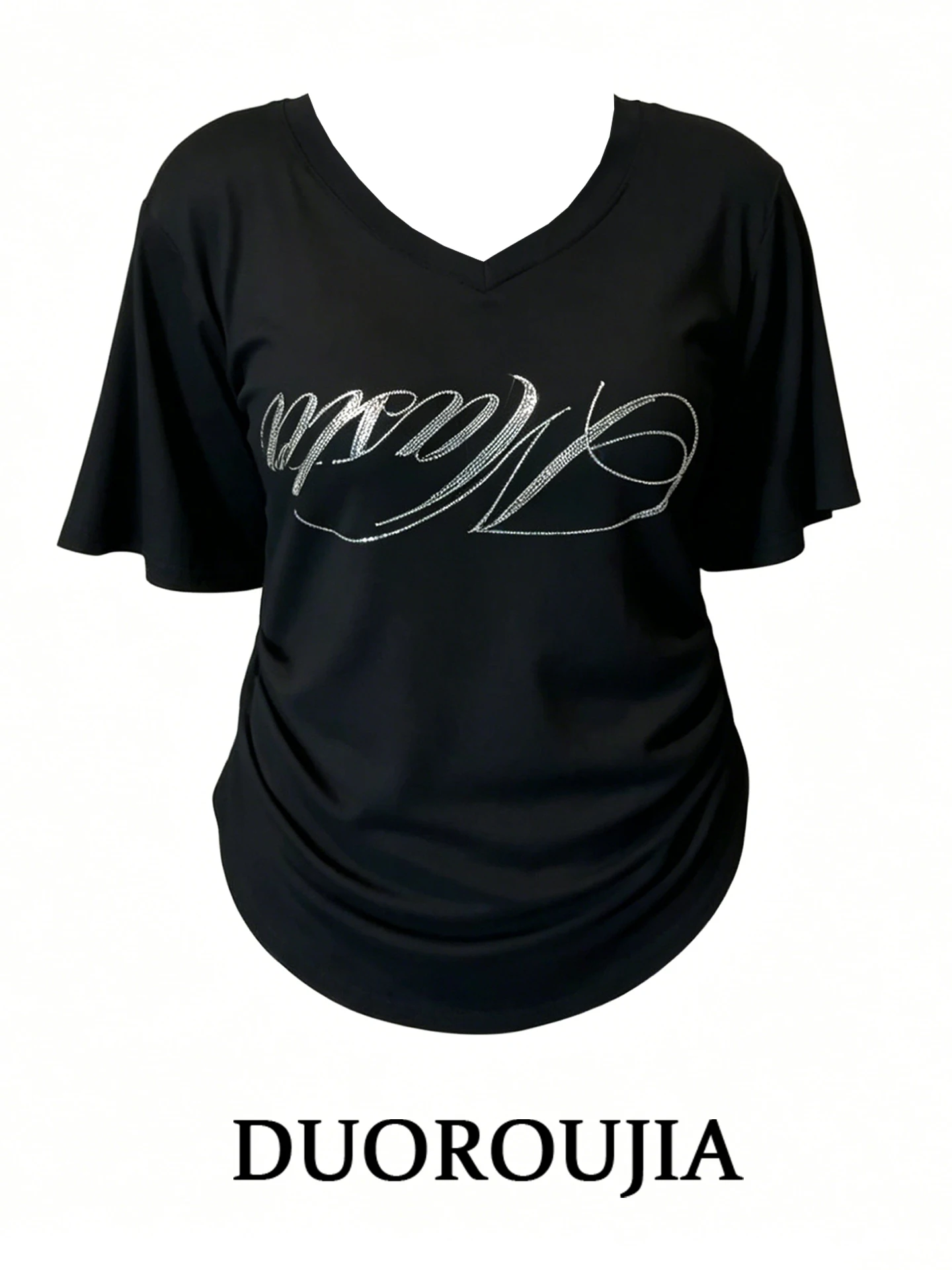 

DUOR plus Size Casual Style Black V-Neck Letter Print Short Sleeve T-Shirt Women Summer Slimming Versatile Top Trendy