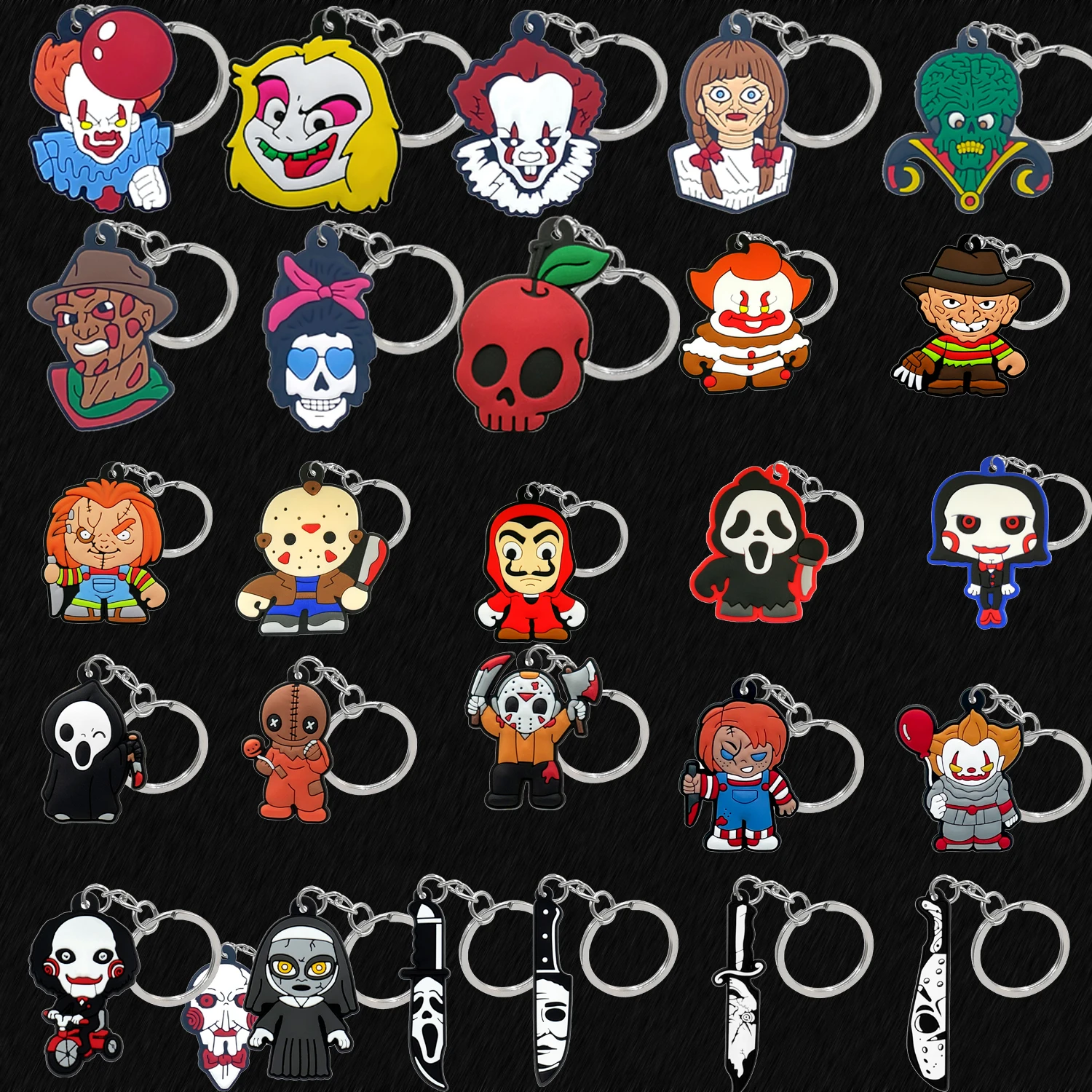 1/30/50pcs PVC Funny Horror Movie Keychain Funny Clown Key Ring Cute Death Drinks Key Chain Handbag Accessories for Boys Kids