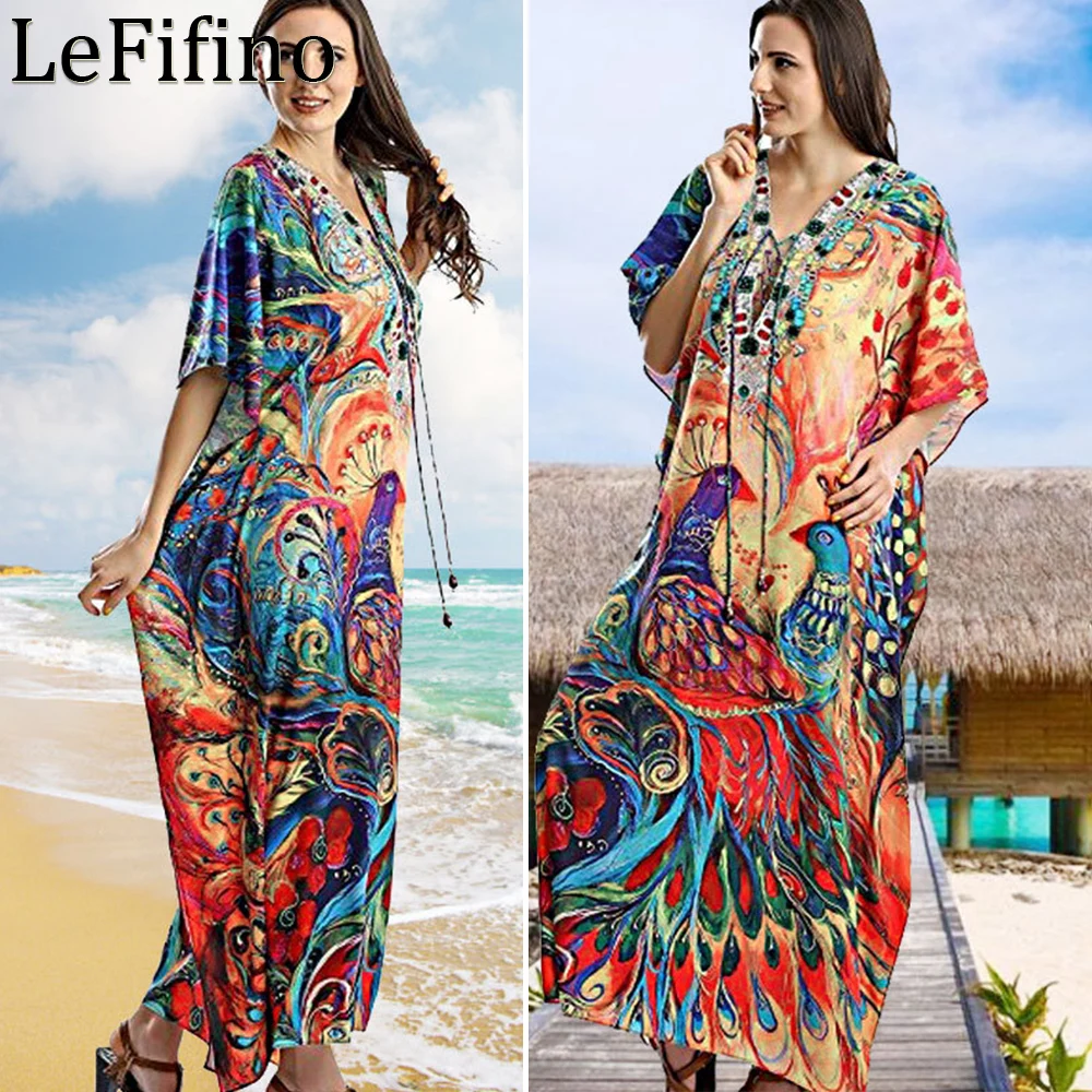 

Summer Peacock Printing Long Skirts Loose Fitting Drawstring V-neck Beach Vacation Robe Suncreen Dress Bikini Cover Up For Women