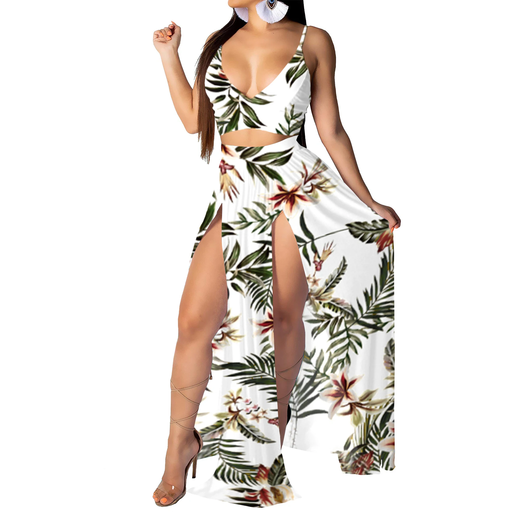 Women\'s Bohemian floral print V-neck two-piece top and split beach party dress