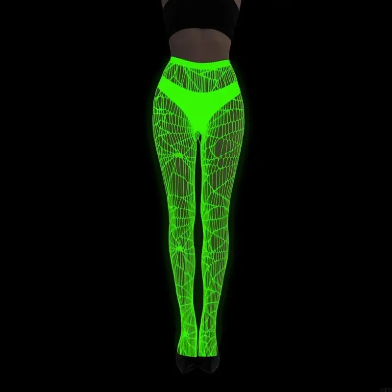 N0PE Mulheres Glow in Dark Fishnet Meia-calça Spiderweb Padrão Meias malha para o Halloween