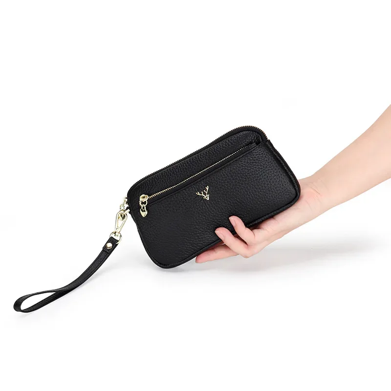 Women Genuine Leather Long Wallets Women's Wallets Card Holder Clutch Bag Female Leather Wrist Strap Solid Wallet Designer Purse