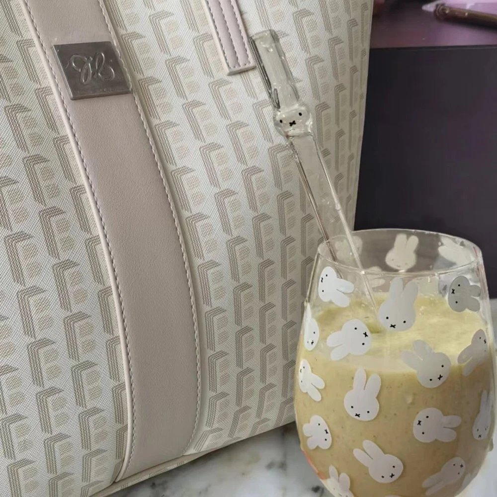 Kawaii Miffy Glass Transparent Rabbit Head Straw Cute Rabbit Large Caliber Straw Cartoon Bunny High Temperature Resistance Gift