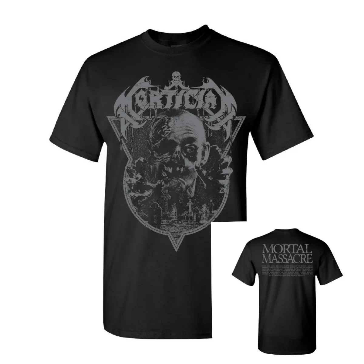 Mortician Unisex T‑Shirt,zombie Graveyard Front Back Dual Print,classic Mortal Massacre Death Metal Band Tee for Rock Fans