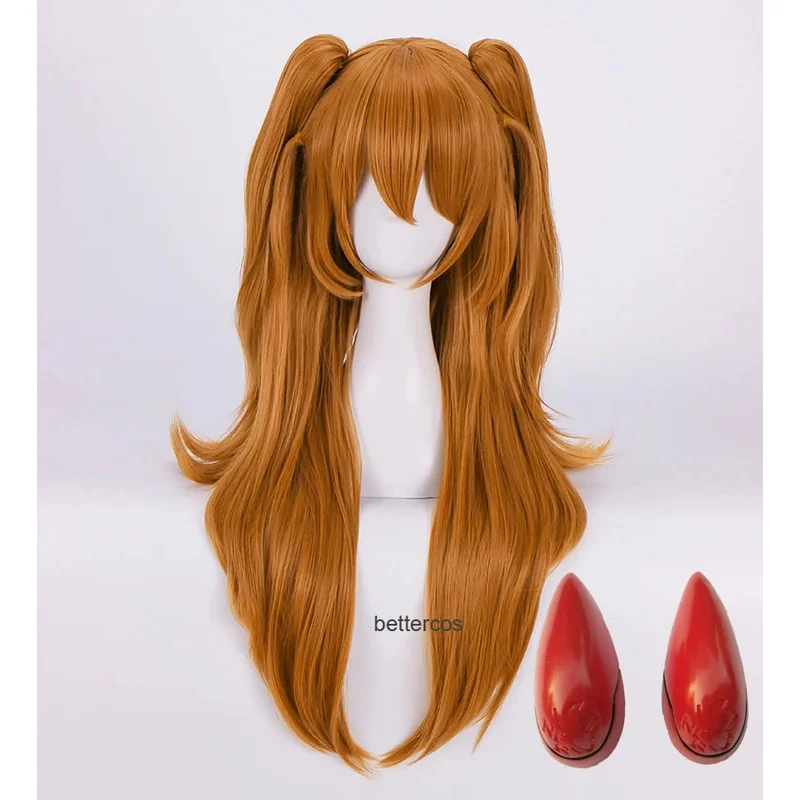 Pelucas de Cosplay EVA Asuka Langley Soryu de alta calidad, largas naranjas con 2 Clips de cola de caballo, peluca de pelo sintético resistente al calor, gorro de peluca