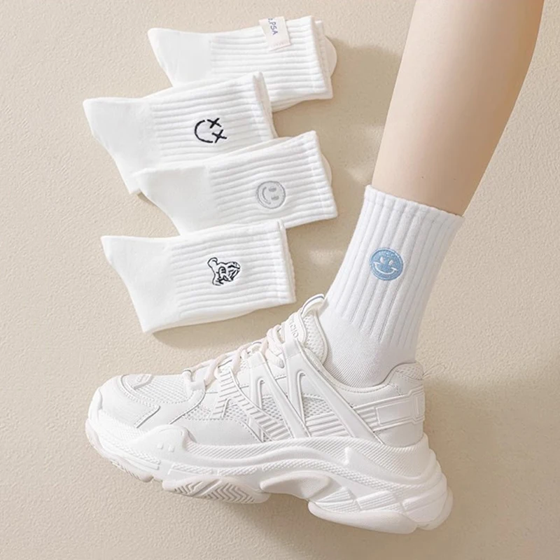 5 Pairs White Cute Socks Women's Tube Socks Summer Thin Pure-Cotton Trendy Sports Summer College Style Stockings