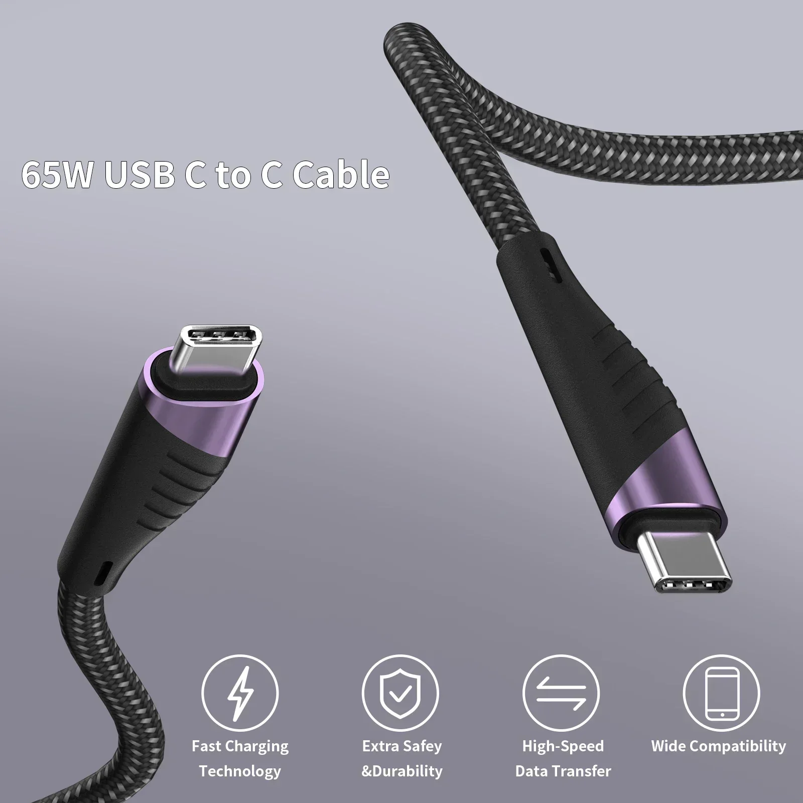 65W USB Type C Cable for Macbook Samsung Xiaomi Redmi Type-C USBC Cable 3A Fast Charging Cable USB Type C To Type C Data Wire