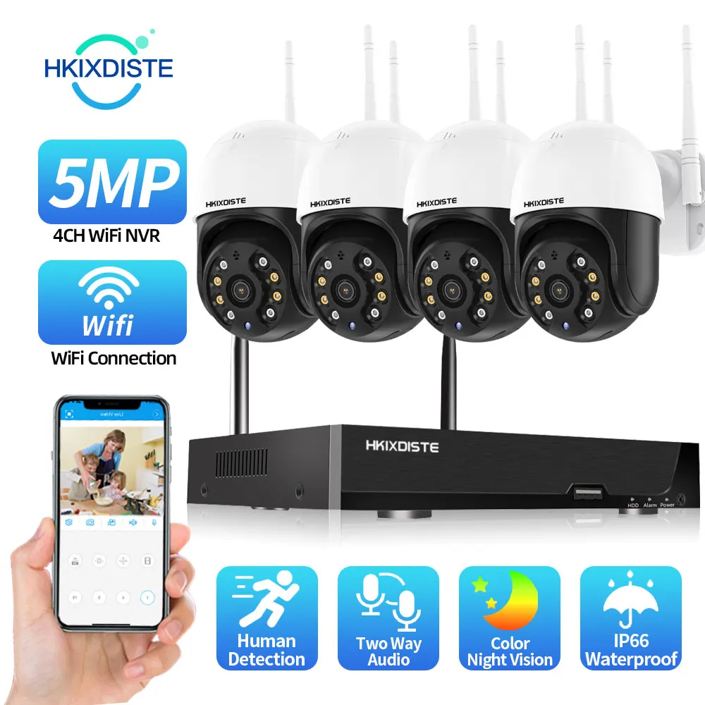 

4 Channel 5MP Wireless CCTV Security System Outdoor Auto Tracking Wifi PTZ Camera Video Surveillance Kit 2 Way Audio 4CH NVR Kit