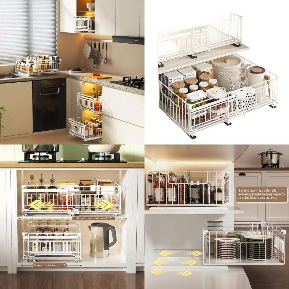 

Expandable Pull-Out Cabinet Organizer, 6.69 Guardrail, Adjustable 13-20.07 Width, No-Drill Adhesive Mount, White