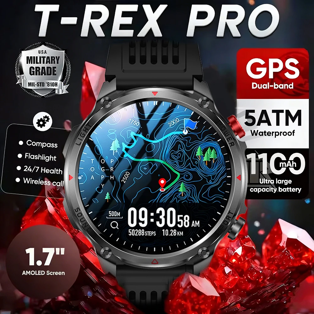 

2026 New T-Rex3 Ultra 1100Mah Military Smart Watch Men 1.7"AMOLED GPS Path 5ATM Waterproof Compass LED Flashlight Smartwatch iOS