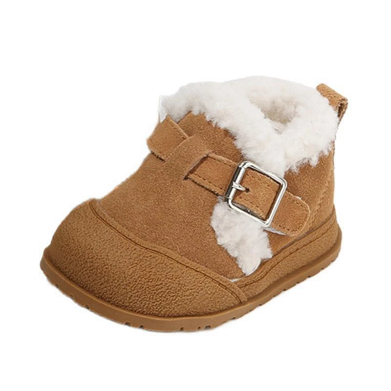 Brand Suede Baby Snow Shoes Solid Khaki Strap Ankle Boots With Velvet Genuine Leather Toddler Woman Walkers For 0-3Years Kids