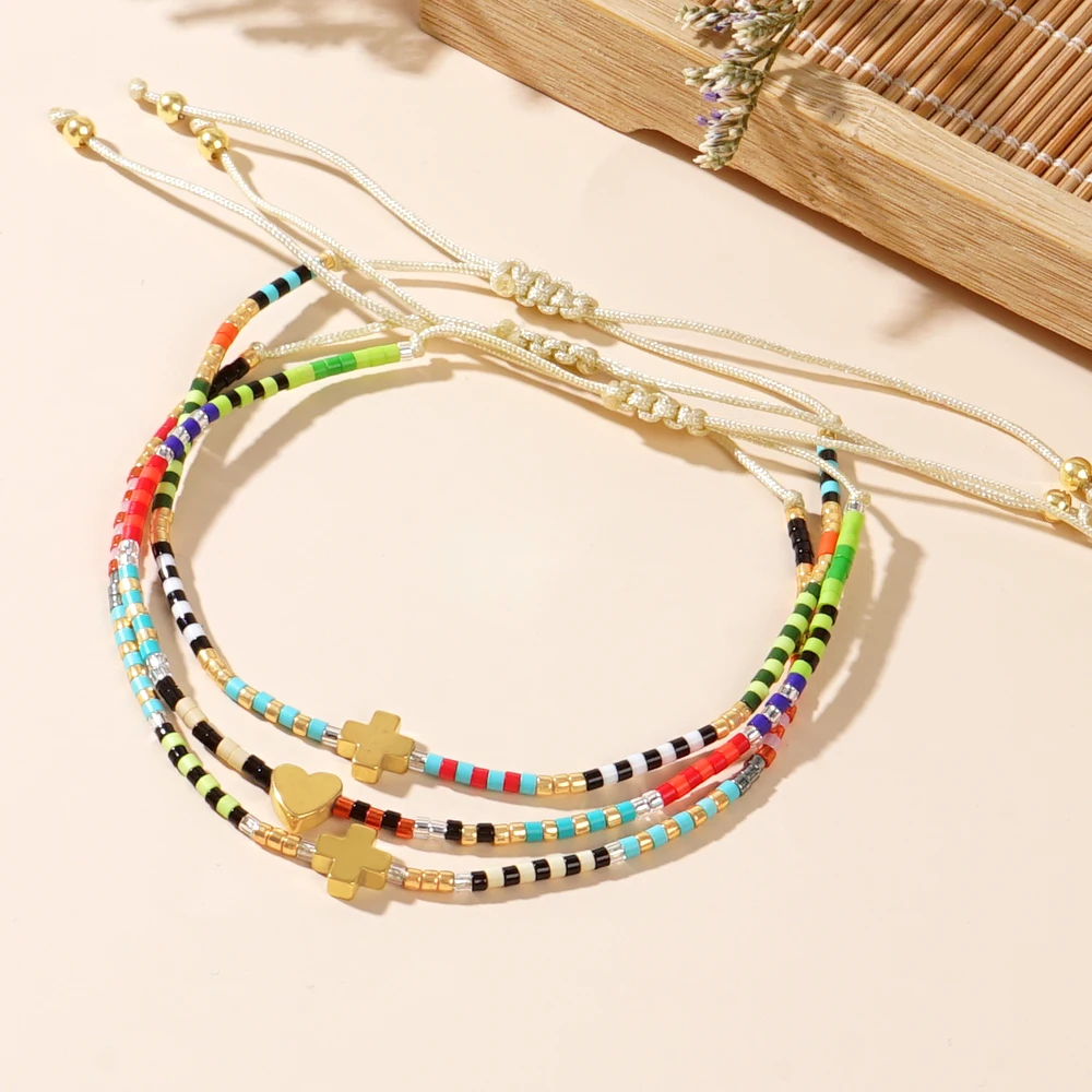سوار مطرز بسيط بطراز بوهيمي للنساء ، حبة بذور ميوكي ، حبات الأرز ، صليب ، سحر القلب ، طقم مجوهرات ، Go2Boho ، 3
