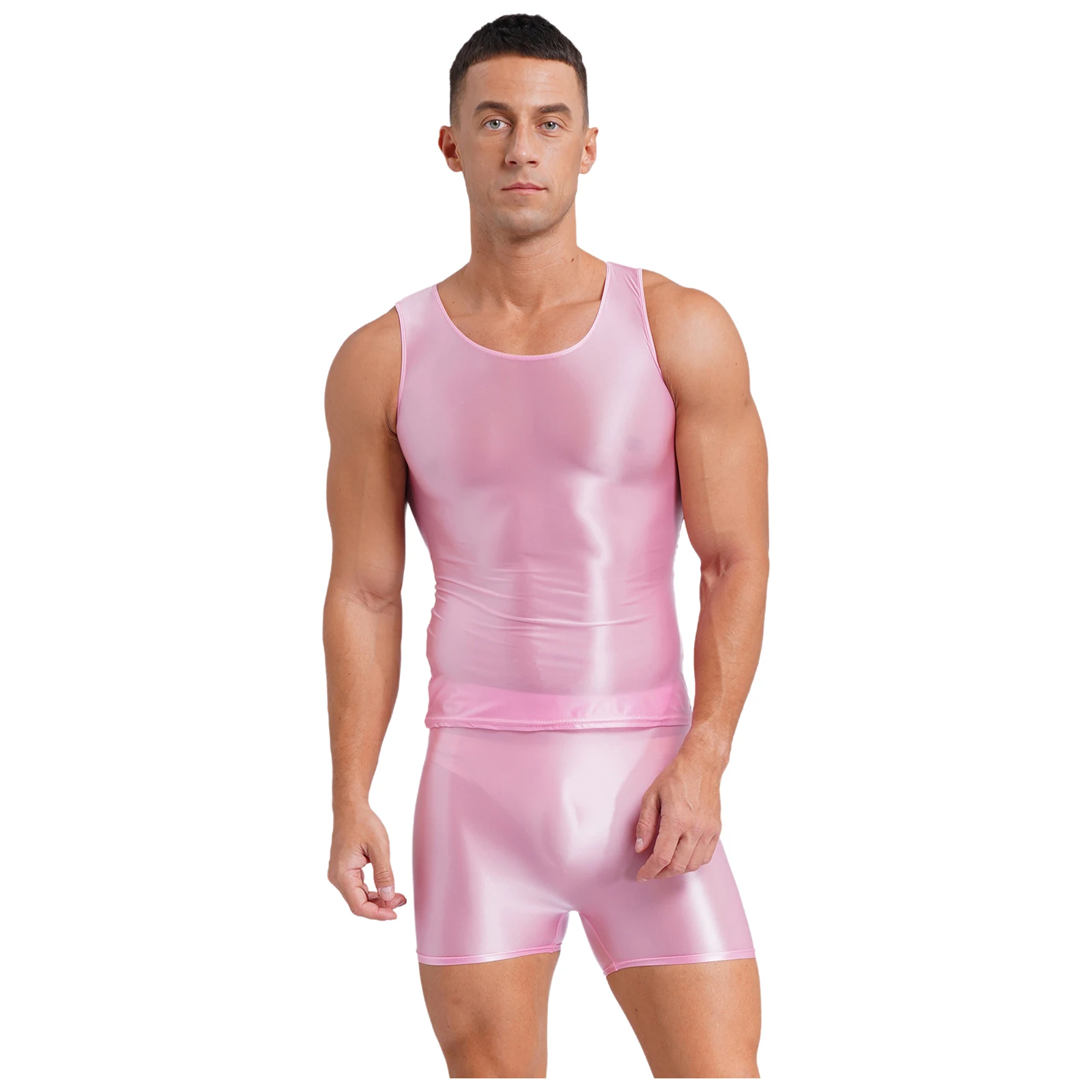 Mens Glossy Swimsuit Two-piece Outfit Crew Neck Stretchy Tank Top with Shorts Bathing Swimwear Yoga Workout Fitness Sportswear