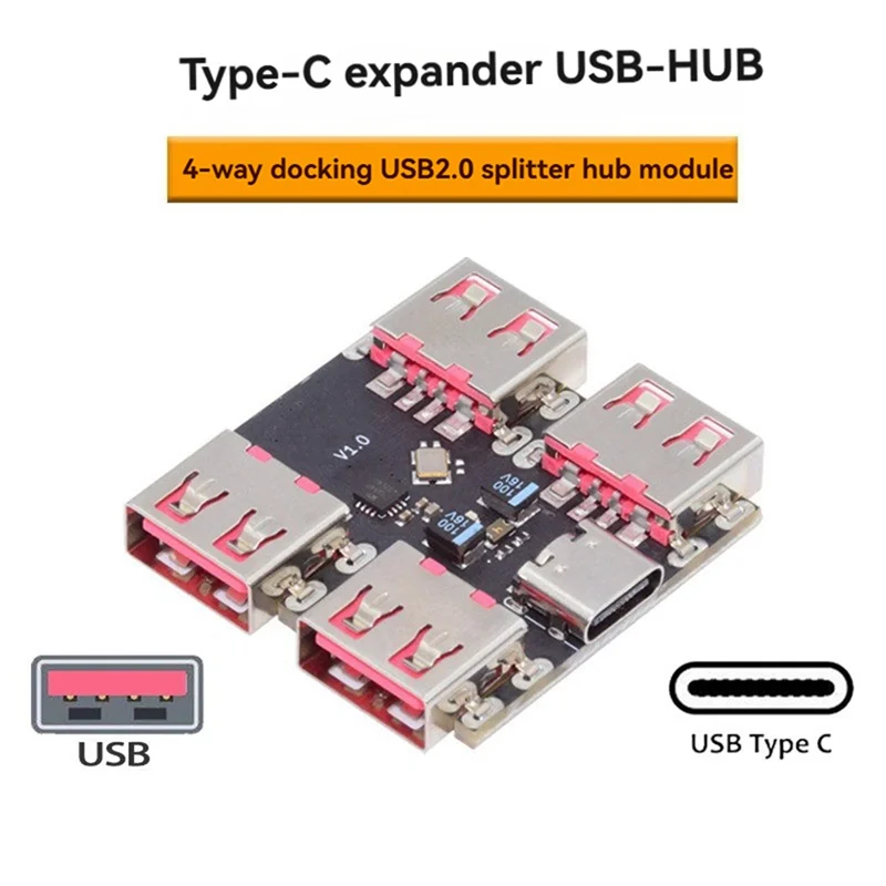 High-Speed USB 2.0 4-Way Hub Module, Type-C Extender, 40MB/S USB-HUB Splitter Expansion Board