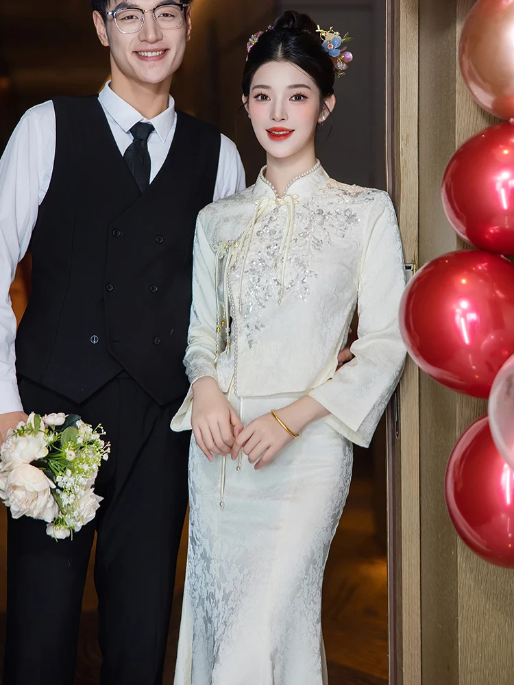 

White Wedding Dr New Chinese Sle Engagement Qipao Dr Fi Tail Bride Gown mid Waist Zipper Ba Long Sve Pure Color