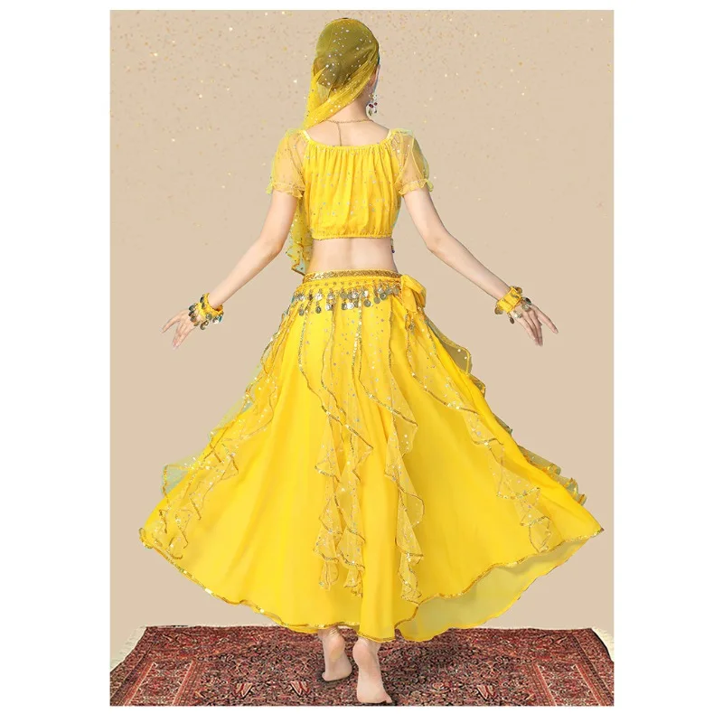 Traje de dança indiana personalizado, traje étnico adulto feminino, roupas de dança do ventre, traje de performance, manga curta, saia longa, conjunto
