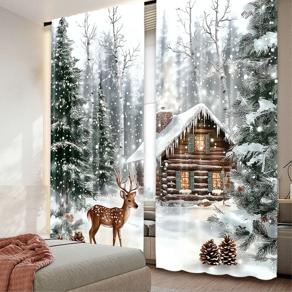 2 Stück 2D-Flachdruck Modische Weihnachtsvorhänge WinterCabinScene(1) Digitaldruckte Polyestervorhänge Festliche Wanddekoration für