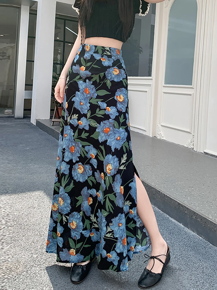 

Women's Floral Print Chiffon Maxi Skirt High Slit Mermaid Hem Spring Summer Beach Vacation Long Tube Faldas Female SK122