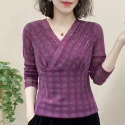 Female Clothing Casual V-Neck Spliced T-shirt Slim Fashion Plaid Spring Autumn Long Sleeve Chic Diamonds Bright Silk Pullovers