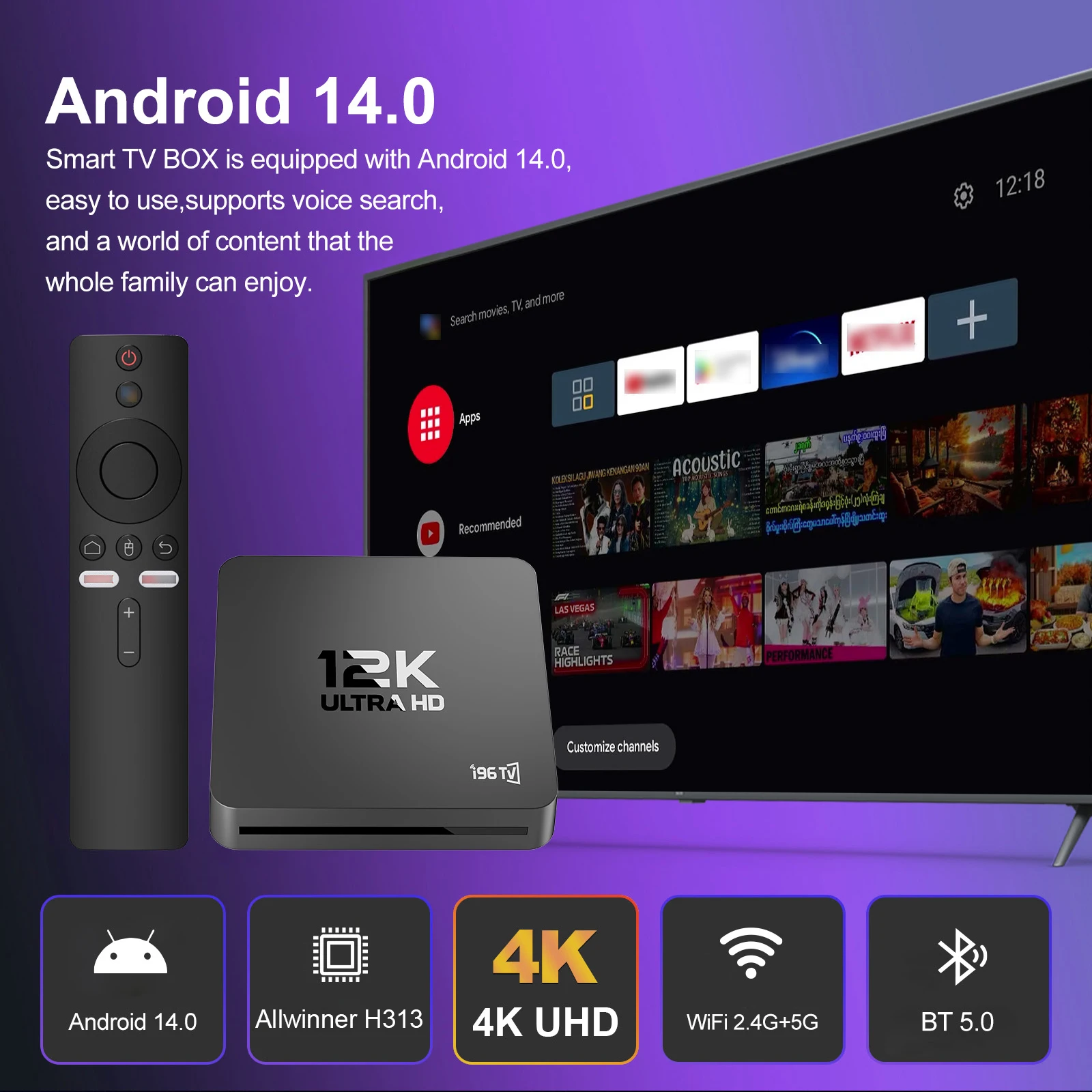 Velec Smart Android 14 8+128 TV Box 4K Streaming with Dual-Band WiFi Quad-Core Processor for Home Entertainment Media Player