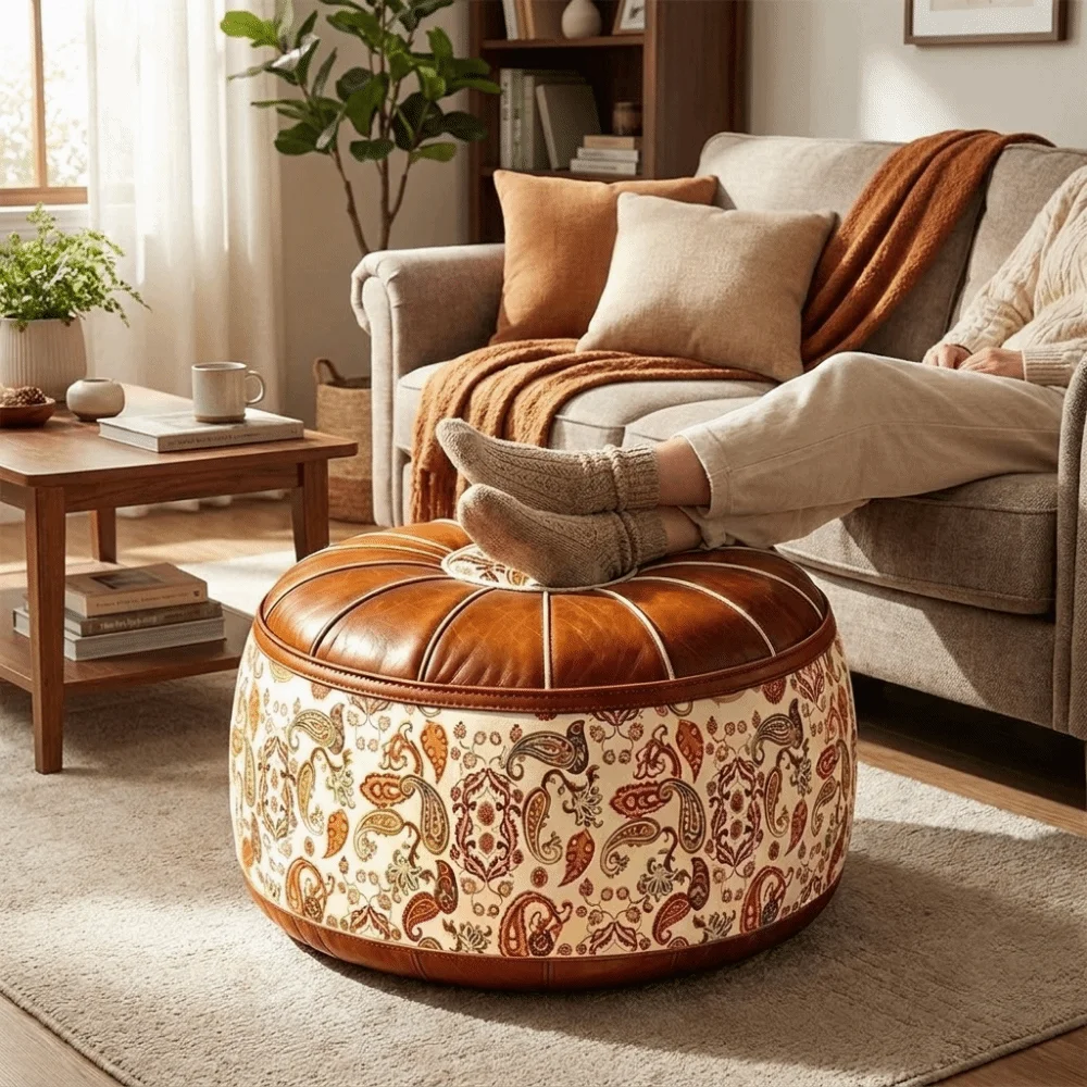 PU Leather Seat Cushion Cover Vintage Unstuffed Sofa Stool Cover Waterproof Space-Saving Round Footstool Cover Bedroom