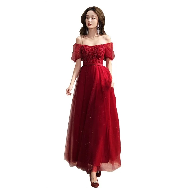 2026 novo vestido de noite de manga curta bordado feminino moda emagrecimento vinho vermelho casamento noiva brindando vestido longo rede