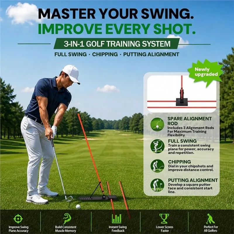 Superior-Golf Alignment Sticks Holder With 3 Sticks, Golf Swing Plane Trainer, Heavy Duty Metal Base Plate Included